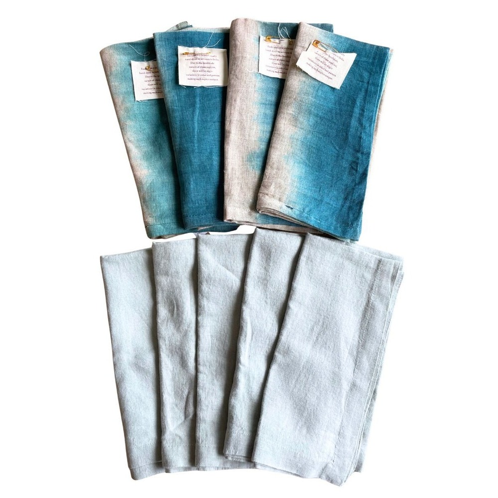 NEW World Market Linen Napkins Set of 9 Teal Ombre Hand Dyed Blue Gray 20x20